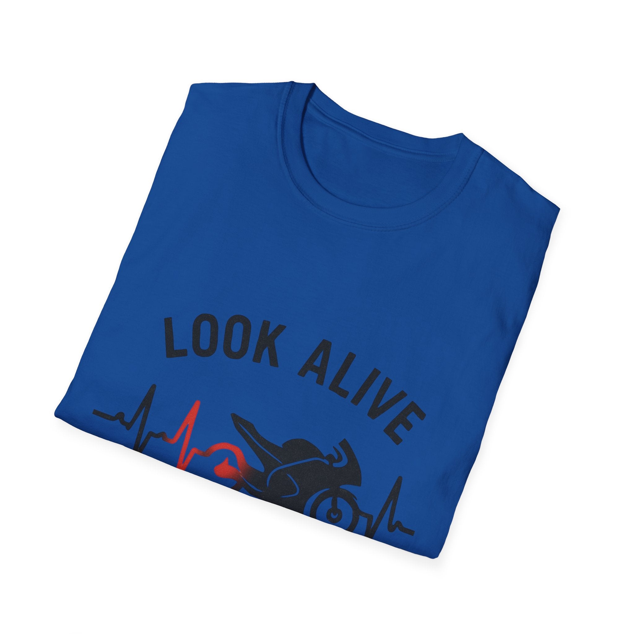 Look Alive Stay Alive Motorcycle T‑Shirt — Racer Heartbeat Design