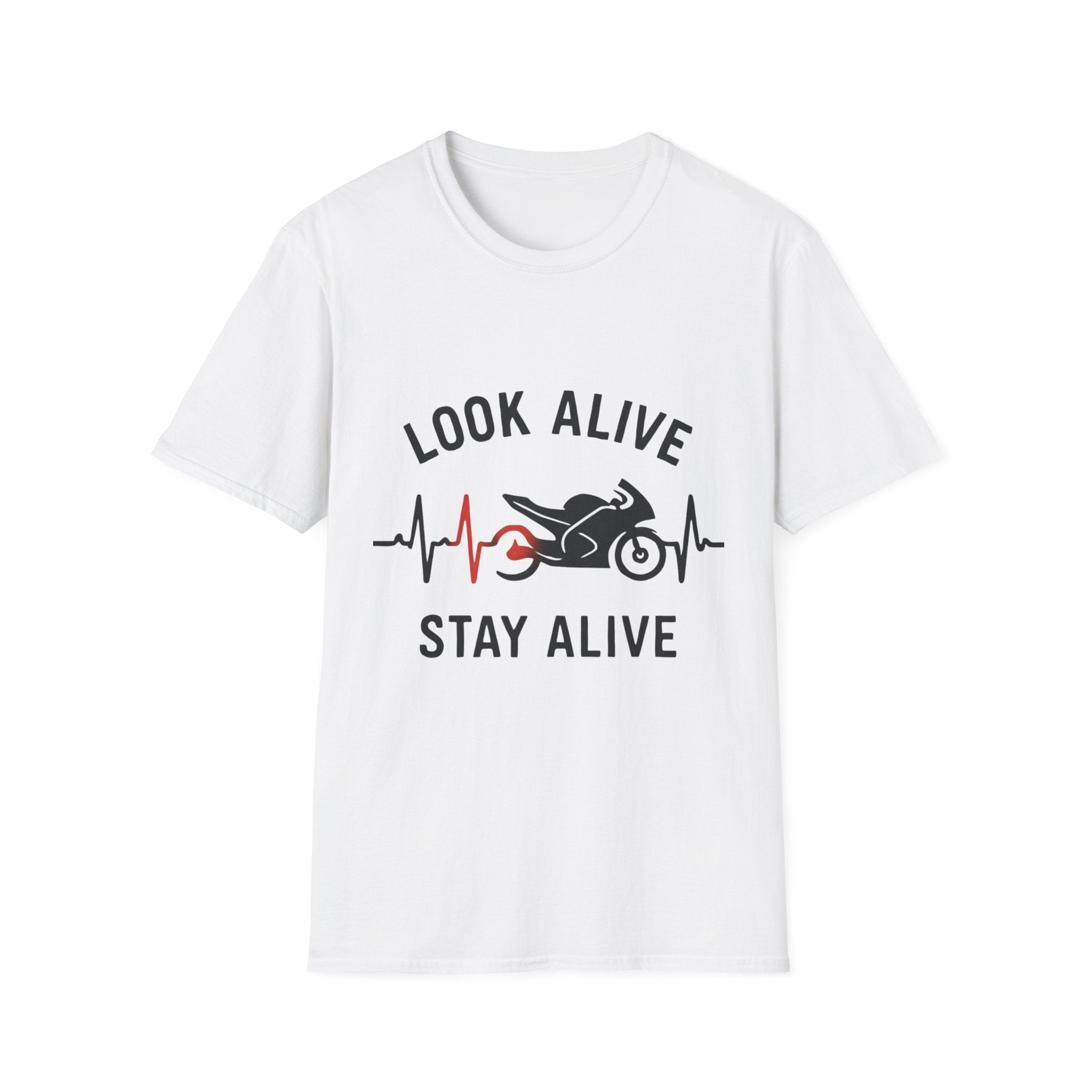 Look Alive Stay Alive Motorcycle T‑Shirt — Racer Heartbeat Design