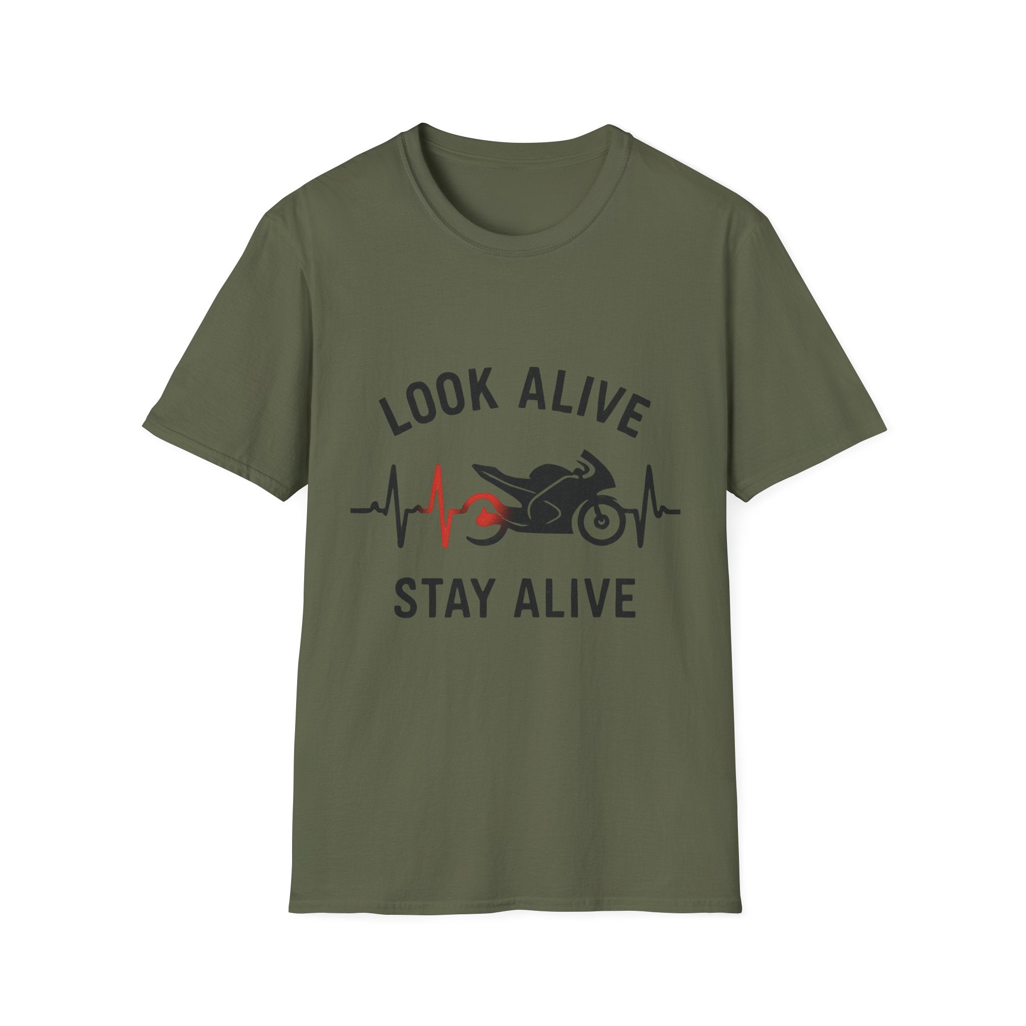 Look Alive Stay Alive Motorcycle T‑Shirt — Racer Heartbeat Design