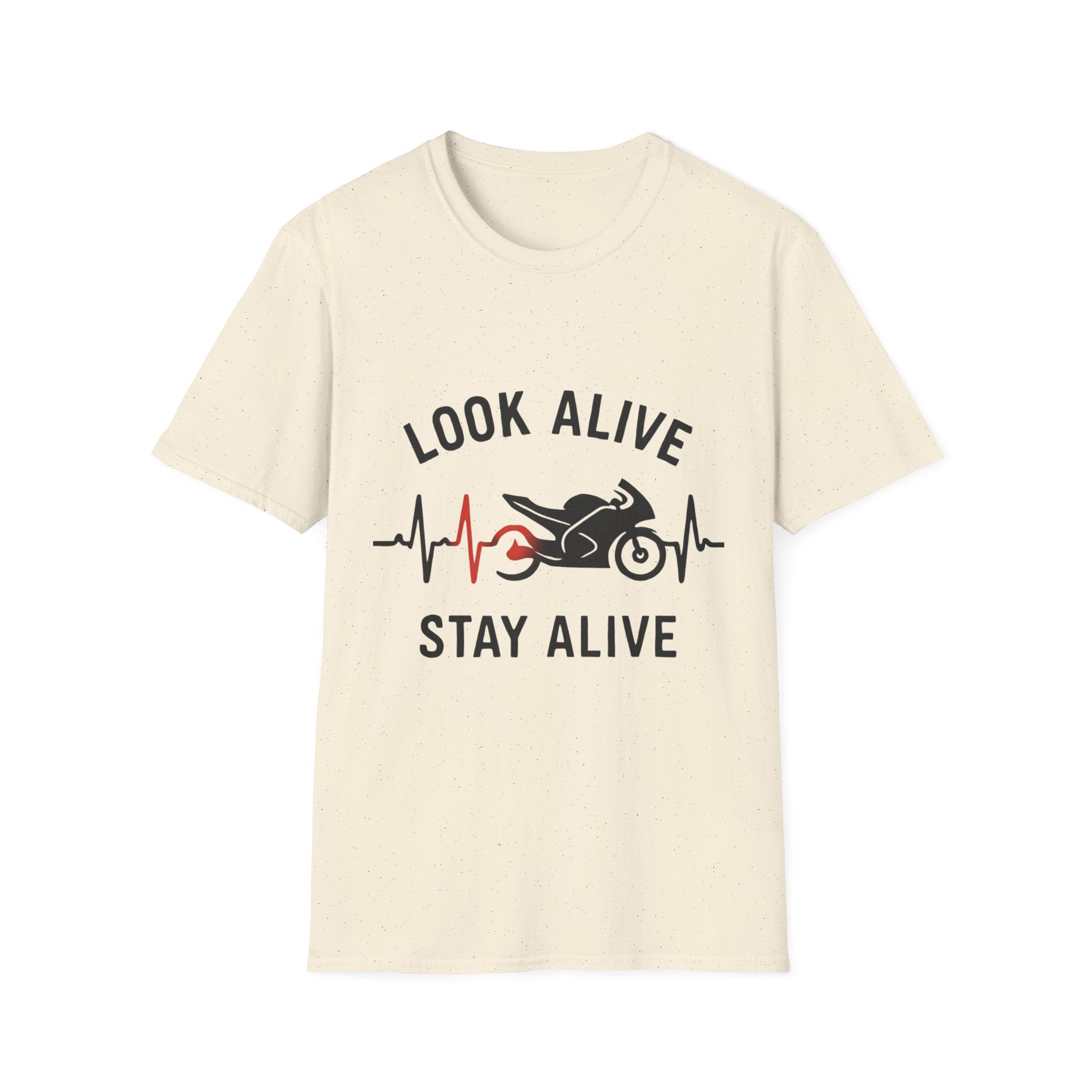 Look Alive Stay Alive Motorcycle T‑Shirt — Racer Heartbeat Design