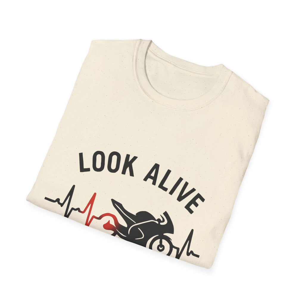 Look Alive Stay Alive Motorcycle T‑Shirt — Racer Heartbeat Design