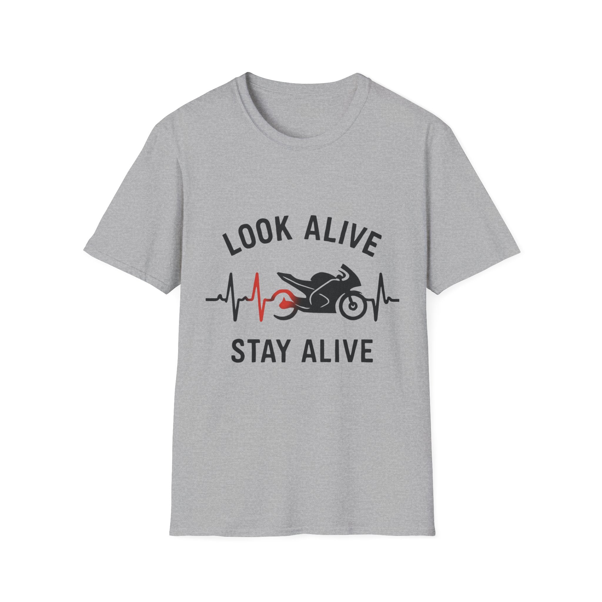 Look Alive Stay Alive Motorcycle T‑Shirt — Racer Heartbeat Design