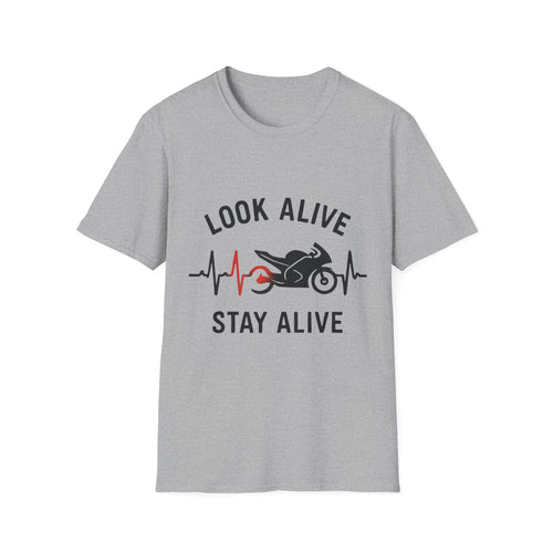 Look Alive Stay Alive Motorcycle T‑Shirt — Racer Heartbeat Design