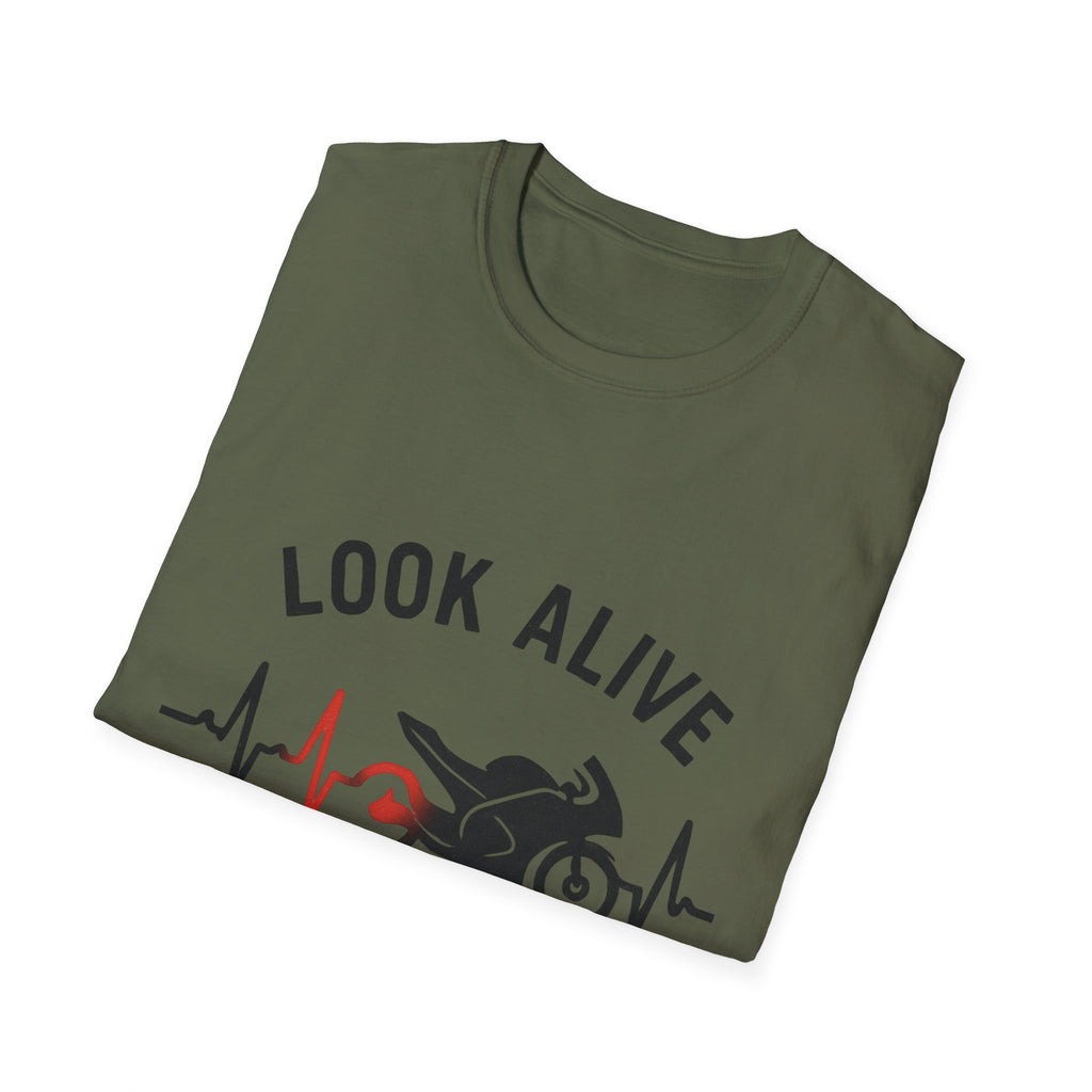 Look Alive Stay Alive Motorcycle T‑Shirt — Racer Heartbeat Design