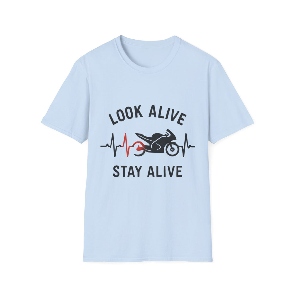 Look Alive Stay Alive Motorcycle T‑Shirt — Racer Heartbeat Design