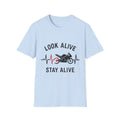 Look Alive Stay Alive Motorcycle T‑Shirt — Racer Heartbeat Design