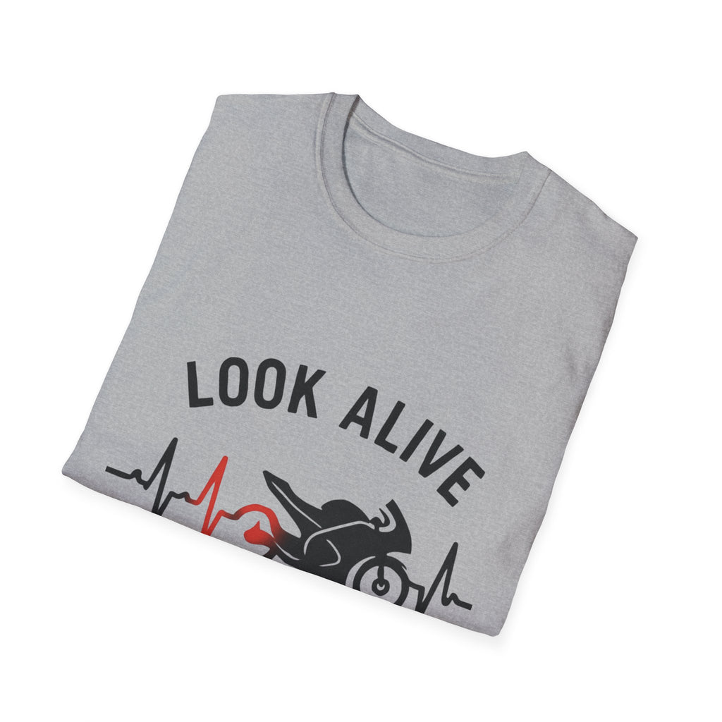 Look Alive Stay Alive Motorcycle T‑Shirt — Racer Heartbeat Design